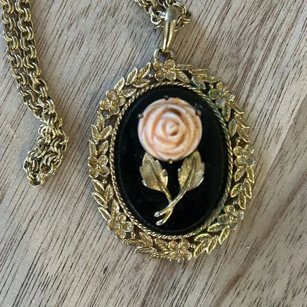 Vintage Avon gold black coral rose pendant large with mirror back 1970s